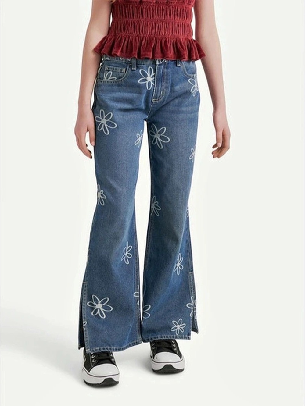 Justice Denim Floral Flare Jeans Blue Girls 12 NWT